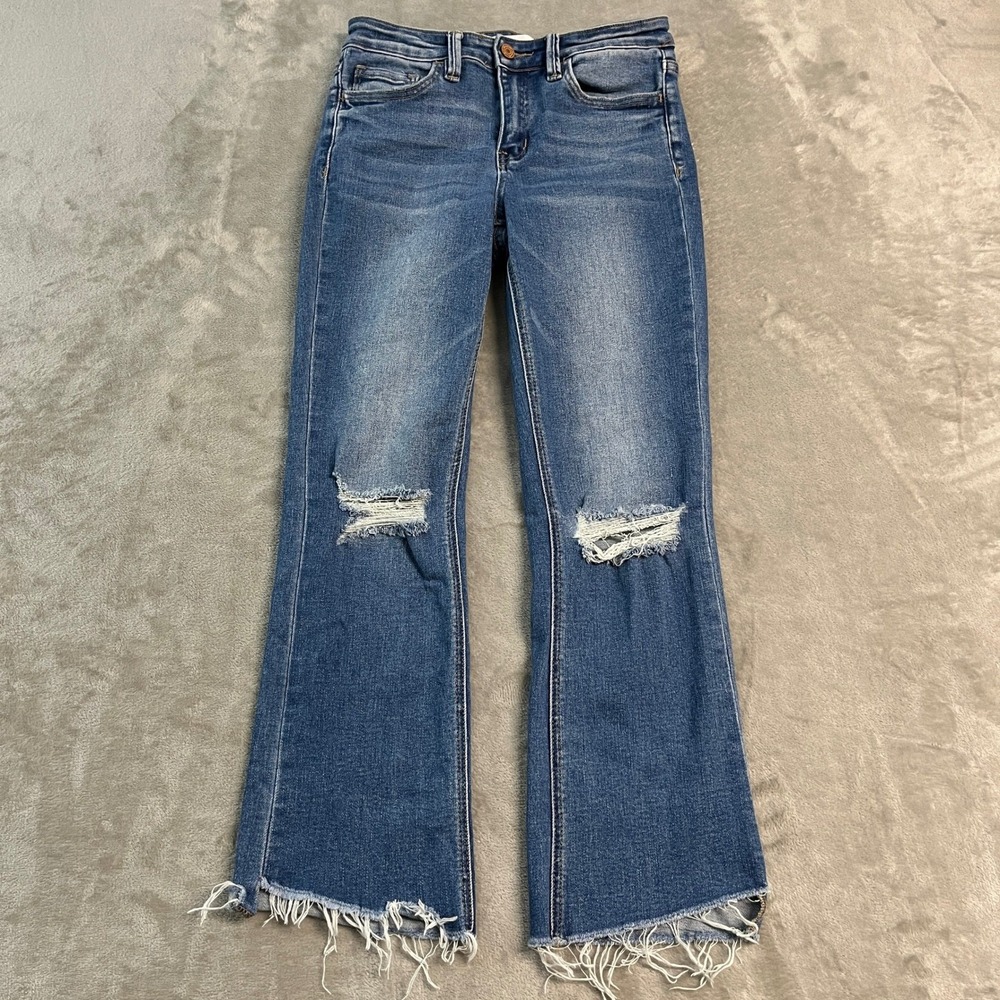 Vervet Blue Womens Distressed Flare Jeans Medium Wash Raw Hem 26x27 Casual